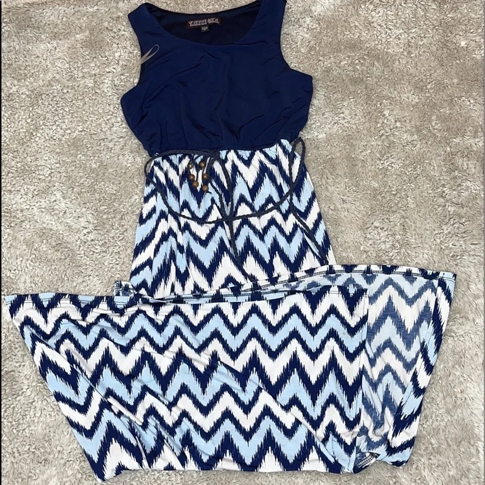 Trixxi Girl Navy Blue Mixed-Media Chevron Print Maxi Dress — Kids Size M